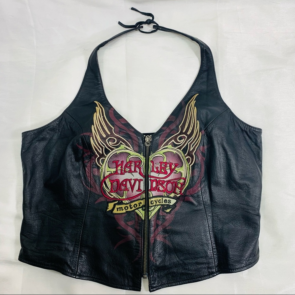 Harley-Davidson Black Leather Halter Vest with Heart & Wings Graphic